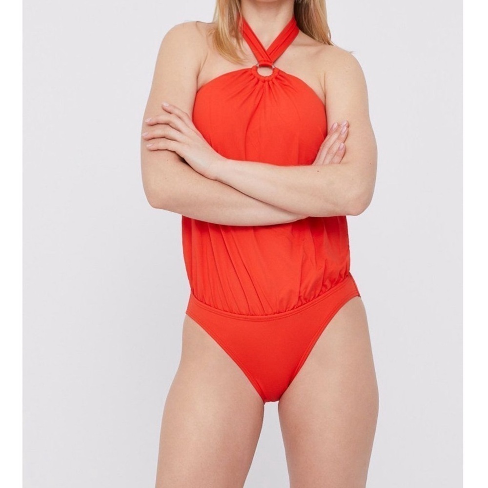 MICHAEL KORS Red Orange Blouson Full Coverage Tie Halter One Piece Swimsuit 10 - Picture 3 of 12